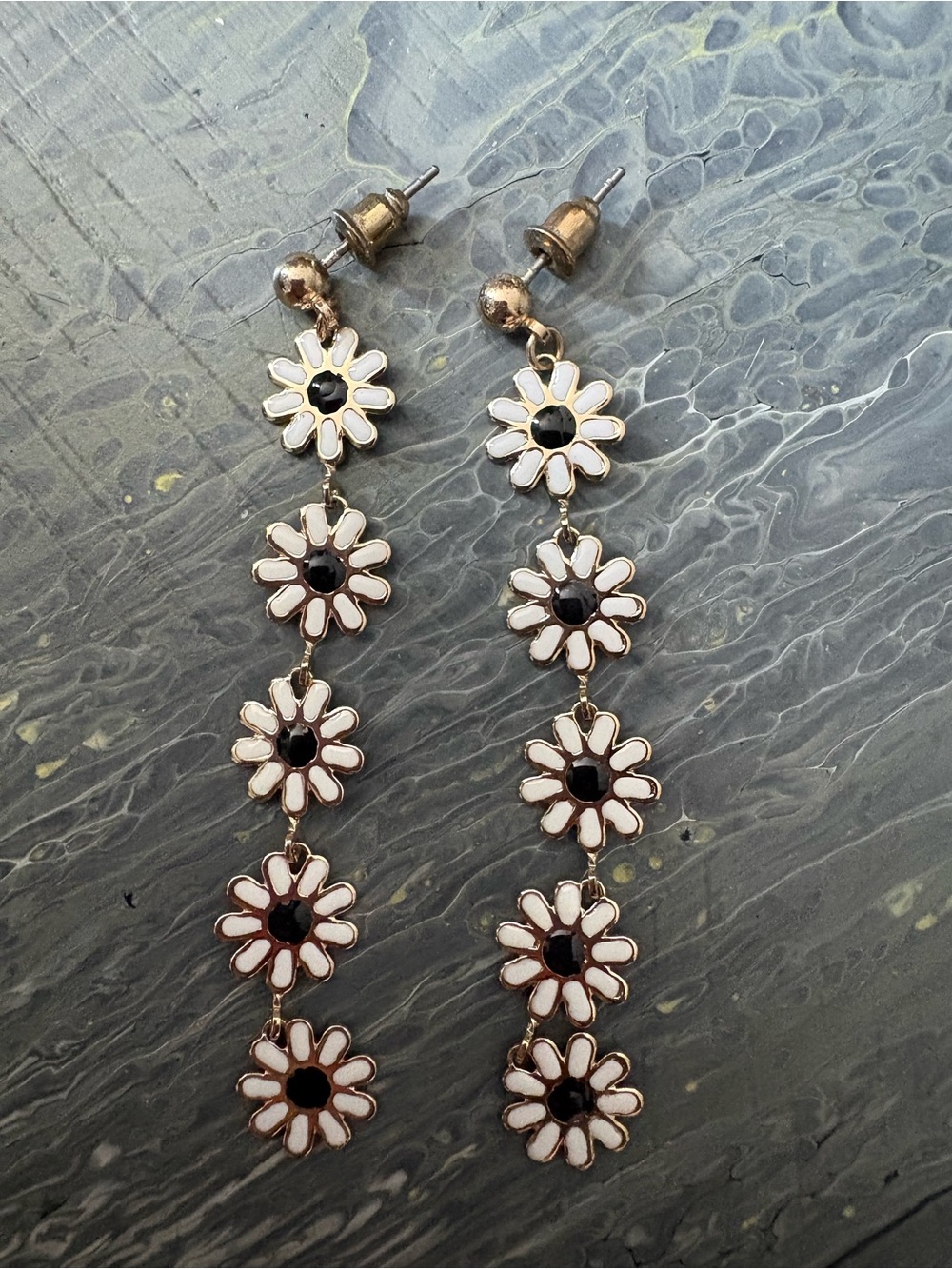 Daisy Drop White and Black Enamel Earrings - Women Jewelry